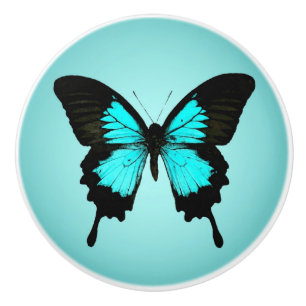 Bouton De Porte En Céramique Papillon - bleu et noir de turquoise
