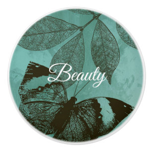 Bouton De Porte En Céramique Papillon de Beauté aux Feuilles Vertes