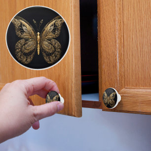 Bouton De Porte En Céramique Papillon doré majestueux sur fond noir