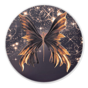 Bouton De Porte En Céramique Papillon Fantaisie Paillettes Dorées Élégant Chic