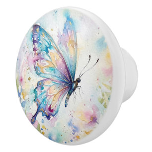 Bouton De Porte En Céramique Papillon Floral Aquarelle Coloré