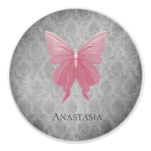 Bouton De Porte En Céramique Papillon rose bijoux (Devant)