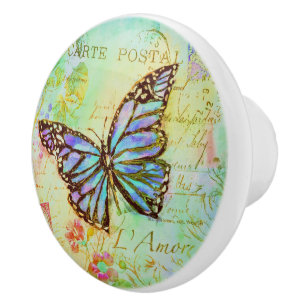 Bouton De Porte En Céramique papillon turquoise et violet