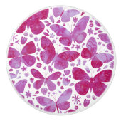 Bouton De Porte En Céramique Papillons Aquarelle Magenta Rose (Devant)