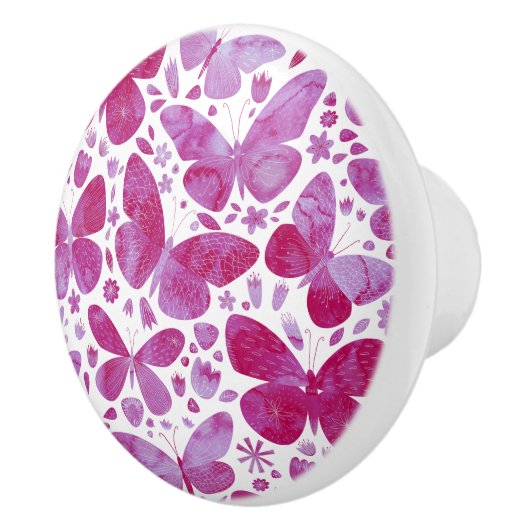 Bouton De Porte En Céramique Papillons Aquarelle Magenta Rose (Droite)