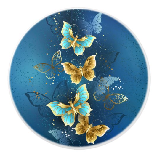 Bouton De Porte En Céramique Papillons d'or (Devant)