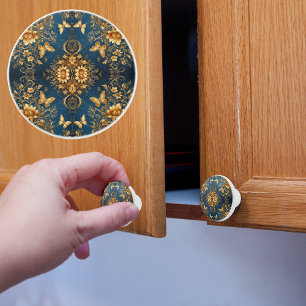 Bouton De Porte En Céramique Papillons et marguerites en or sur bleu