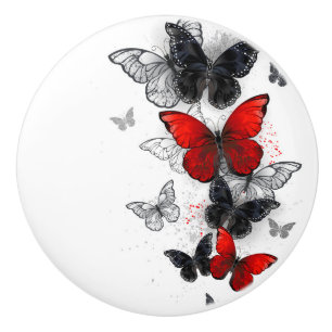 Bouton De Porte En Céramique Papillons noirs et rouges volants