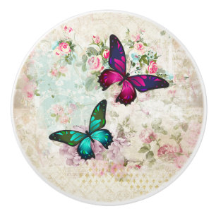 Bouton De Porte En Céramique Papillons roses et verts sur les Roses Vintages de
