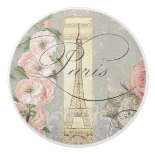 Bouton De Porte En Céramique Paris Script Floral Vintage Français Rose Roses Gr