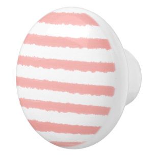 Bouton De Porte En Céramique Pastel Corail Rose Blanc Rayures Aquarelle 