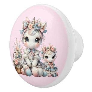 Bouton De Porte En Céramique Pastel Kawaii Unicorne Mère Fille Duo Rose