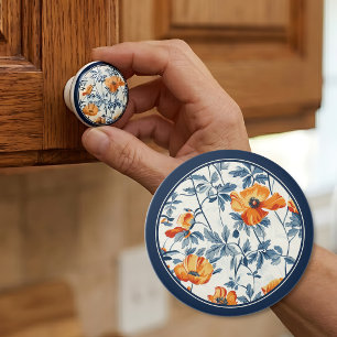 Bouton De Porte En Céramique Pavots de Californie Art Nouveau