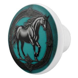 Bouton De Porte En Céramique Pays de l'Ouest équestre Turquoise Cheval noir