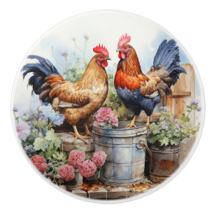 Bouton De Porte En Céramique Pays Rooster Russe Hen Red Geraniums Tin Pail