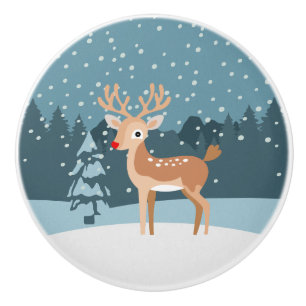 Bouton De Porte En Céramique Paysage hivernal rêvé avec un cerf mignon