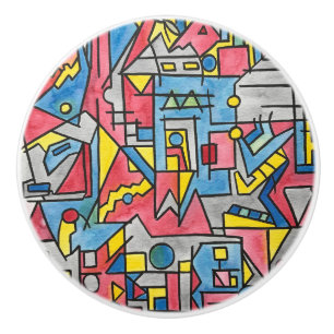 Bouton De Porte En Céramique Paysage urbain - Art géométrique moderne peint à l