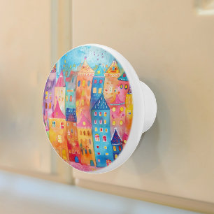 Bouton De Porte En Céramique Paysage urbain fantaisiste et coloré à l'aquarelle