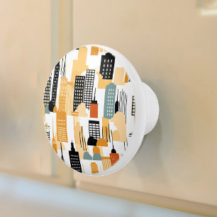 Bouton De Porte En Céramique Paysage urbain rétro noir blanc orange