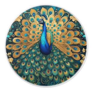 Bouton De Porte En Céramique Peacock Art Nouveau Art Déco Turquoise & Or