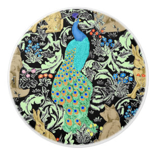 Bouton De Porte En Céramique Peacock Art Nouveau Impression, Turquoise & Neutra