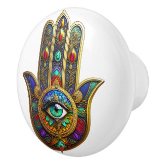 Bouton De Porte En Céramique Peacock Color Flower Petals Hamsa Green Third Eye