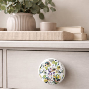 Bouton De Porte En Céramique Peint à la main Elegant Feminine Eyes Feuilles col