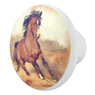 Bouton De Porte En Céramique Peinture d'aquarelle du Cheval Mustang sauvage