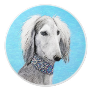 Bouton De Porte En Céramique Peinture de Saluki (Argent) - Joli art original de
