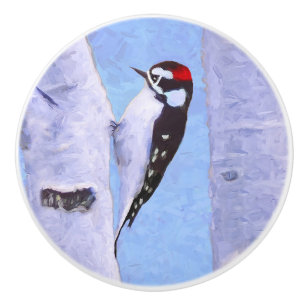 Bouton De Porte En Céramique Peinture Downy Woodpecker - Art original pour oise