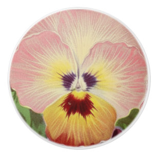 Bouton De Porte En Céramique Pensée rose jaune violet Ephemera vintage