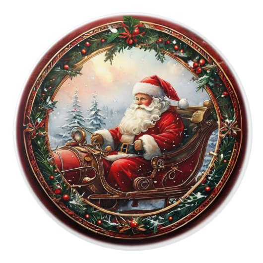 Bouton De Porte En Céramique Père Noël dans son Sleigh (Devant)