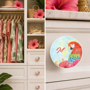 Bouton De Porte En Céramique Perroquets rouges monogrammés avec hibiscus