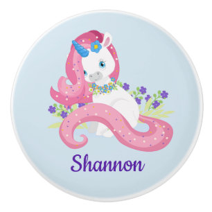 Bouton De Porte En Céramique Personnalisée Jolie licorne rose violet chambre en