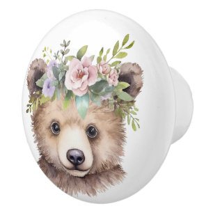 Bouton De Porte En Céramique Petit Ours Brown Avec Tête Florale