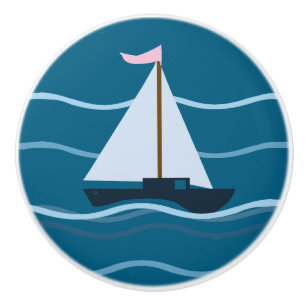 Bouton De Porte En Céramique Petit voilier bleu