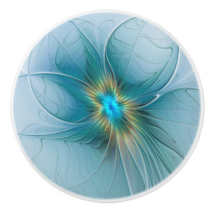 Bouton De Porte En Céramique Petite Beauté Moderne Bleu Or Fractal Art Flower