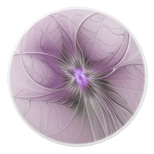 Bouton De Porte En Céramique Petite Beauté Moderne Gris Mauve Art Fractal Fleur