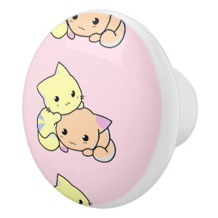 Bouton De Porte En Céramique Petites petites chattes mignonnes roses