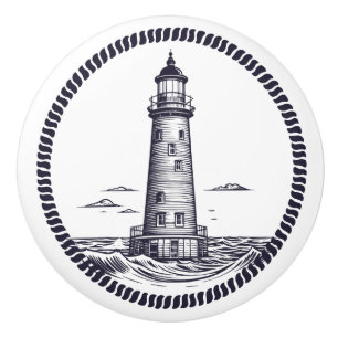 Bouton De Porte En Céramique Phare à la mer dans un cadre de corde ronde