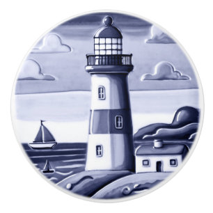Bouton De Porte En Céramique Phare de bord de mer bleu et blanc
