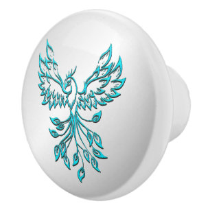 Bouton De Porte En Céramique Phoenix Bleu Turquoise S'élève sur Argent