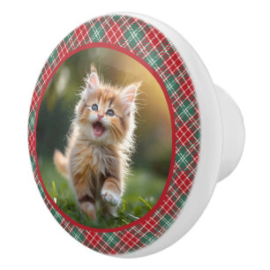 Bouton De Porte En Céramique Photo de votre chat Chien rouge vert Plaid
