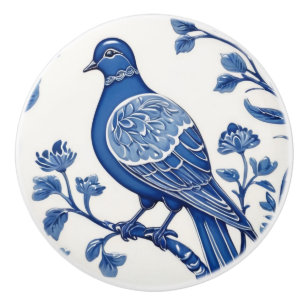 Bouton De Porte En Céramique Pigeon Bird Delft Blue and White Floral Dove