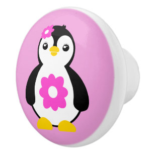 Bouton De Porte En Céramique Pingouin mignon bébé aux fleurs roses