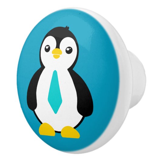 Bouton De Porte En Céramique Pingouin mignon bébé avec une cravate bleue (Droite)