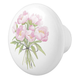 Bouton De Porte En Céramique Pivoines roses avec ruban
