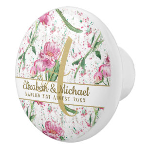 Bouton De Porte En Céramique Pivoines roses Monogramme Or Feuilles Vertes Nouve