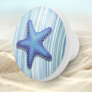 Bouton De Porte En Céramique Plage Bleu Vert rayé Coquillage Starfish Design