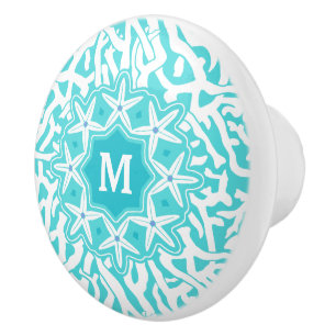 Bouton De Porte En Céramique Plage Corail Reef Starfish Aqua Blue White Monogra